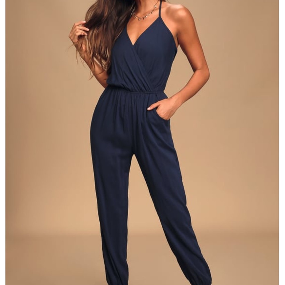 Lulu’s Navy Blue Halter Jumpsuit
